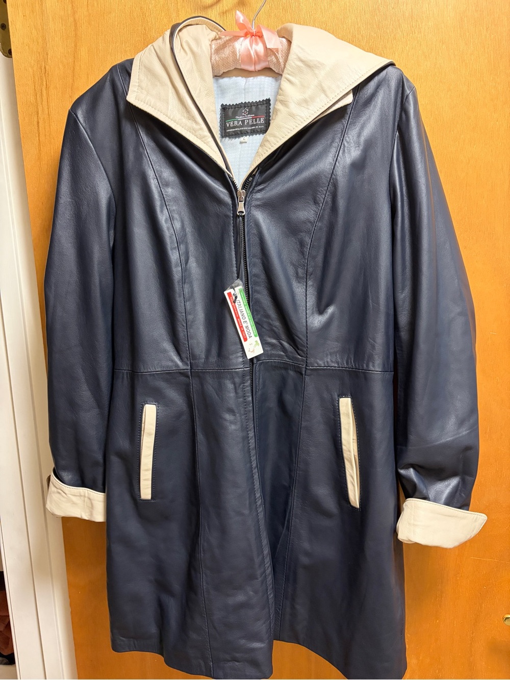 Vera Pelle Women's Navy Leather Coat with Cream Trim